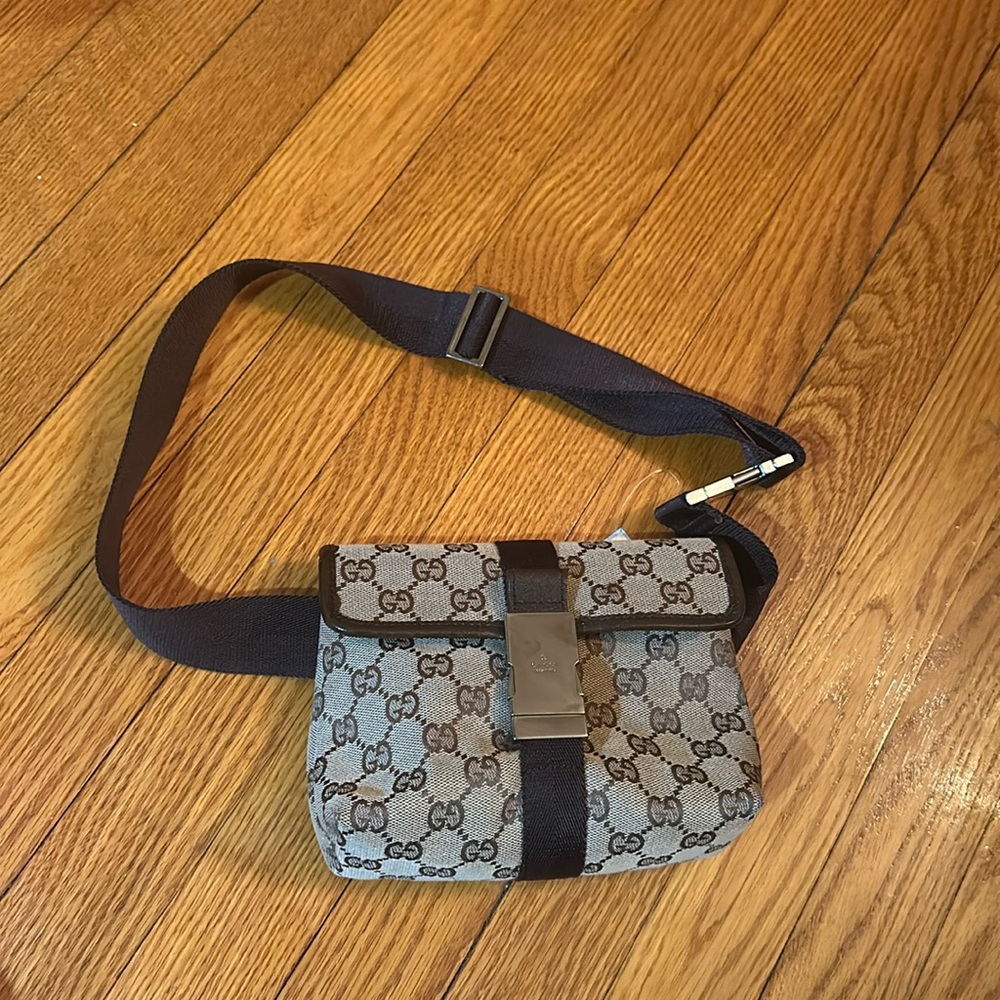 Monogram canvas buckle front belt bag